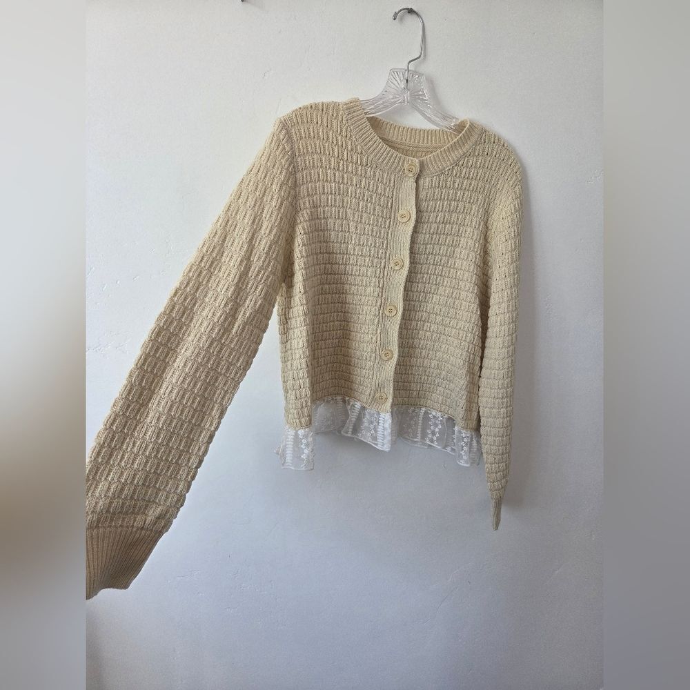 Cream Lace Trim Cardigan Sweater Preppy Coquette Old Money Academia Feminine L - Picture 7 of 12